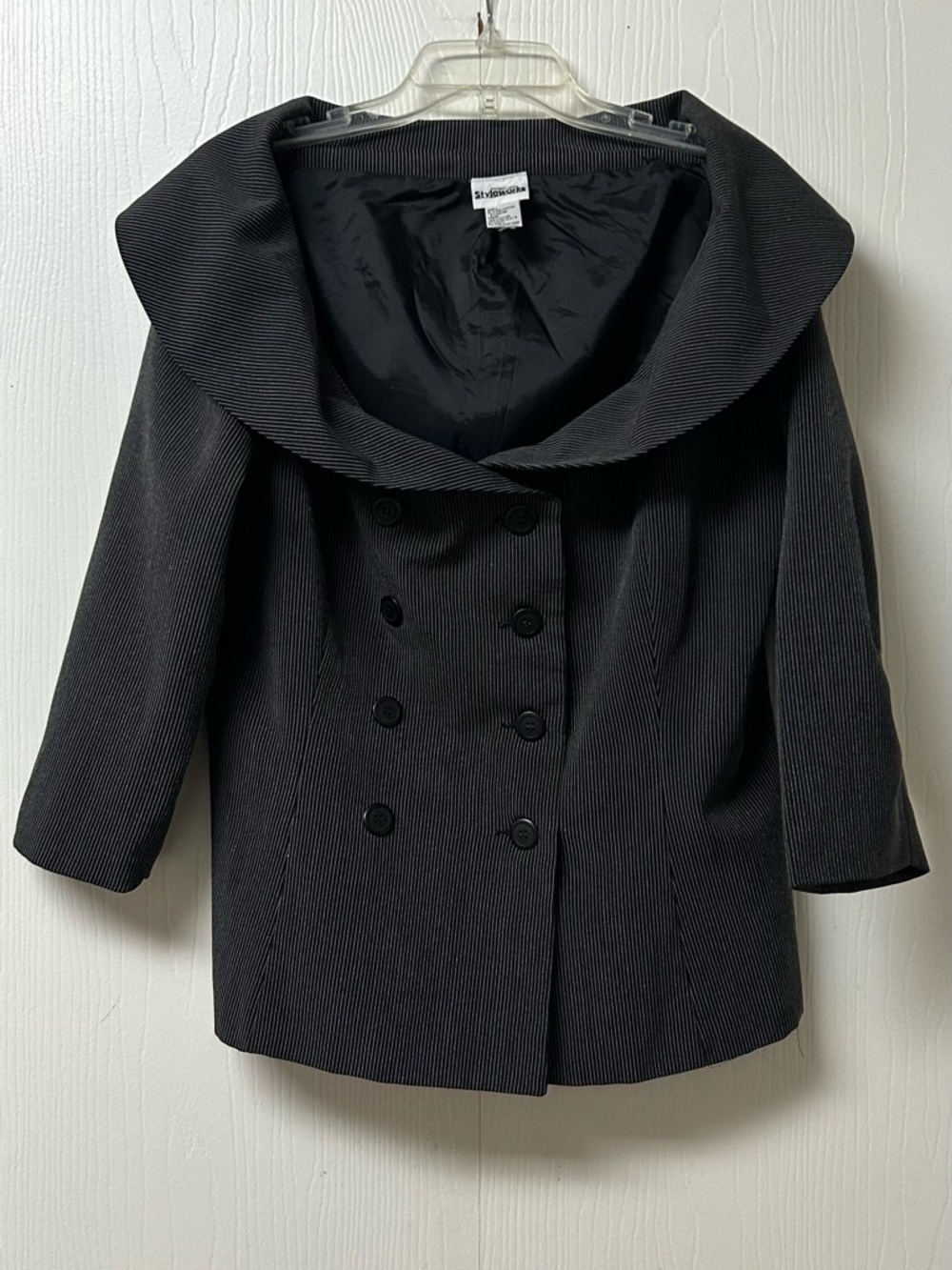 Newport News Black and White pinstriped Double-Breasted Shawl Collar Blazer